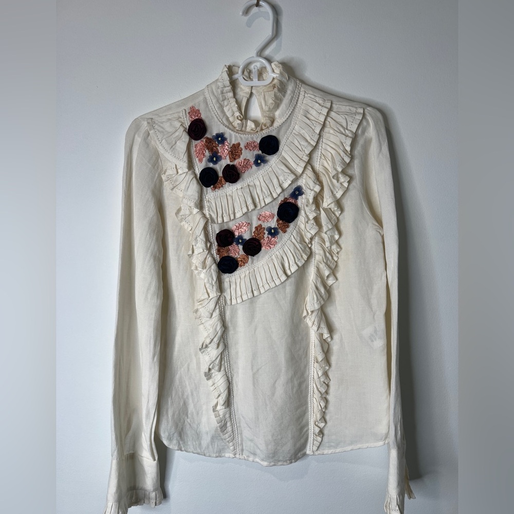 Sezane x Manoush Cream Blouse with Floral Embroidery